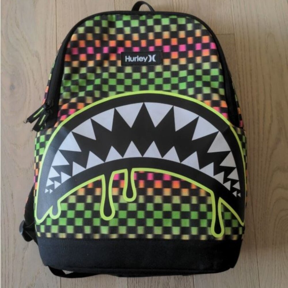 HURLEY Voltage Shark Bait Green Checkerboard School bag Laptop Pocket Backpack